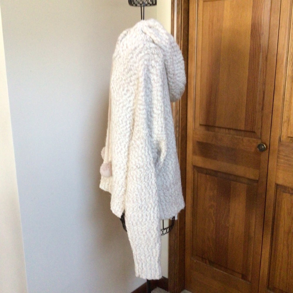 YET AGAIN Hooded Popcorn Knit white/tan Sweater Cropped w/Pompom Ties, XL - Picture 3 of 6